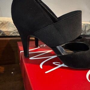Impo black suede with elastic strap 2inch heel.